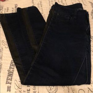 Dark wash pleather racing stripe skinny jeans